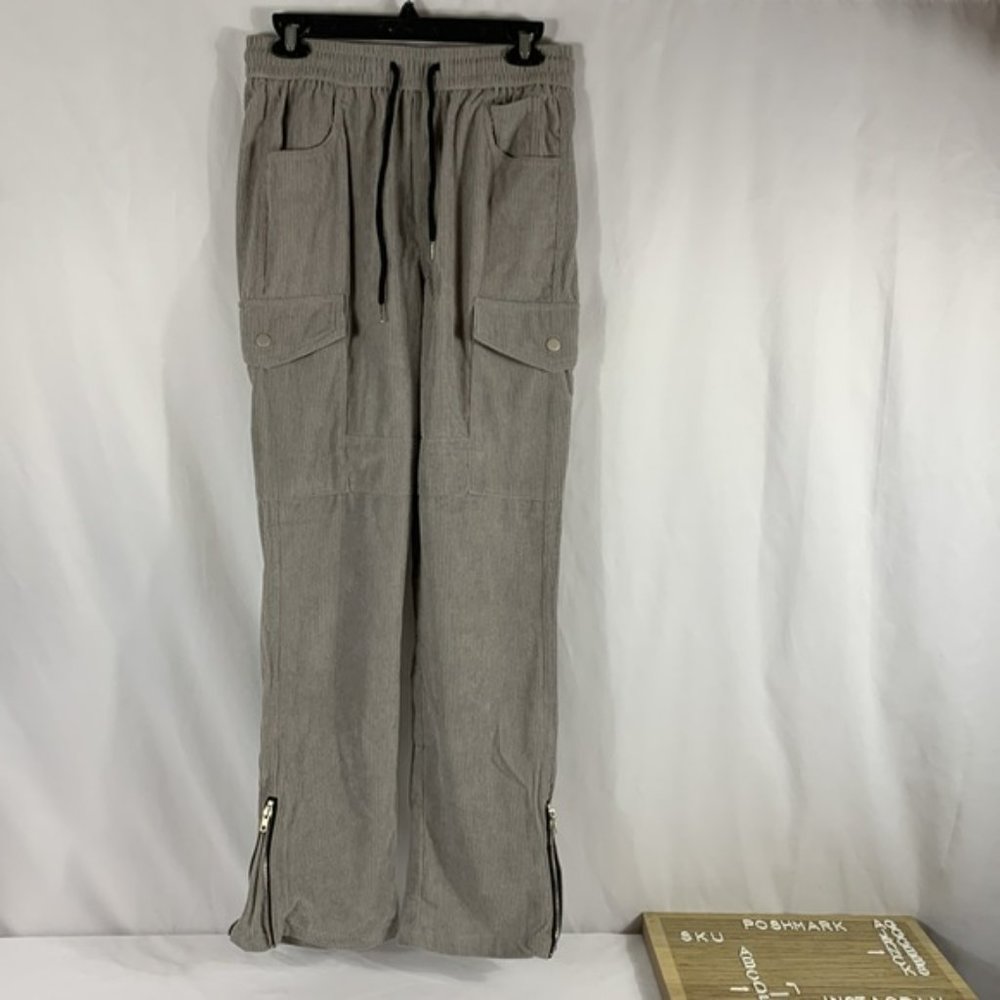 Gray Wide-Leg Corduroy Cargo Drawstring Pants
